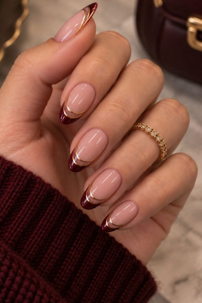 Burgundy Double French With Gold