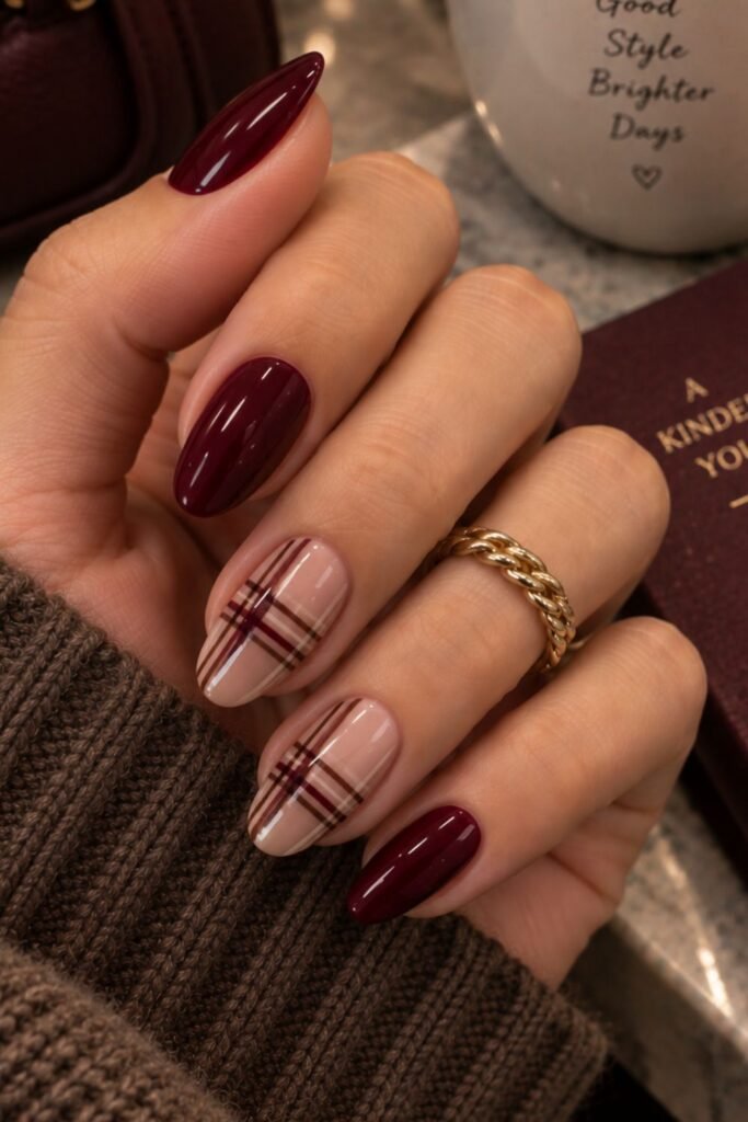 Burgundy Plaid Accent Nails