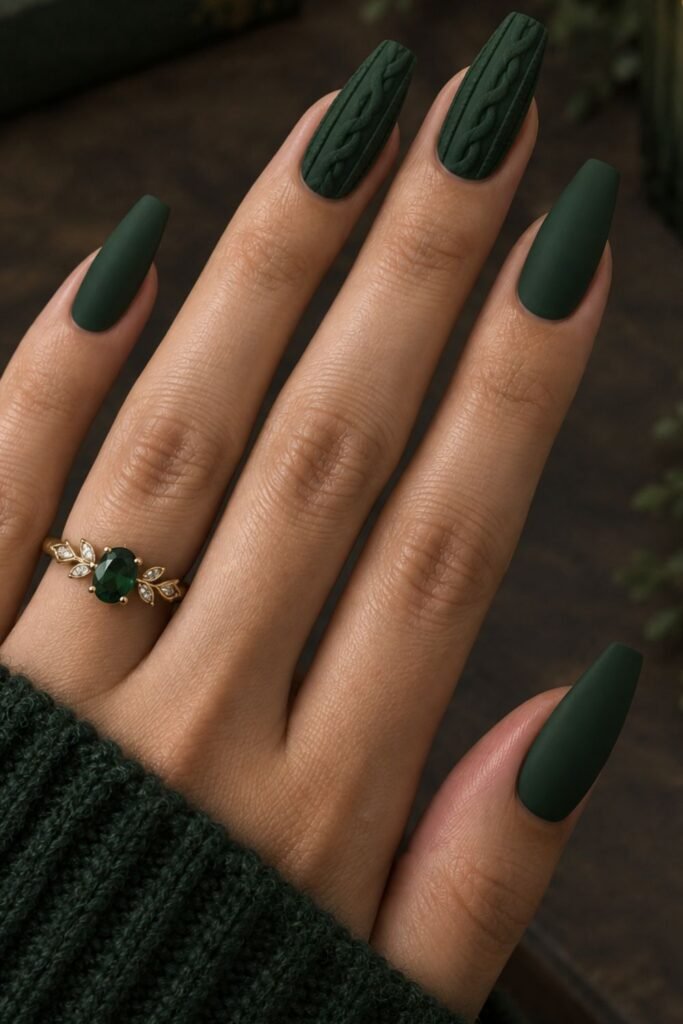 Raised cable-knit sweater texture on forest green nails
