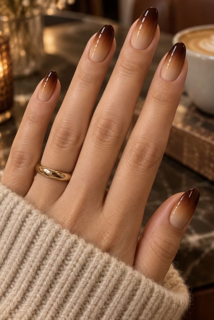 Caramel latte to espresso gradient nails