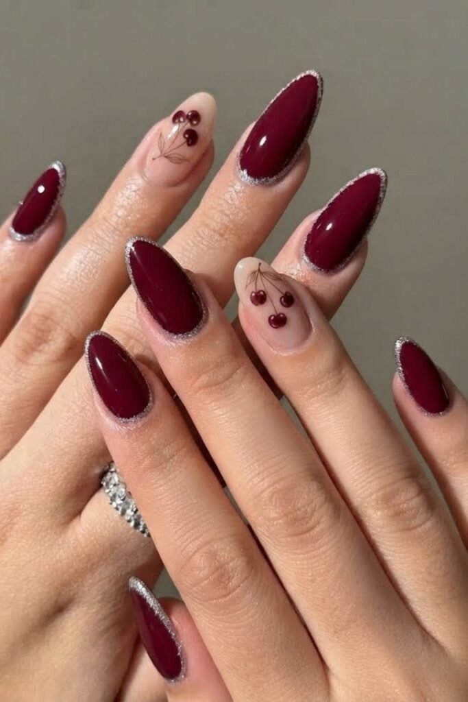 Cherry mocha nails with tiny cherry accents