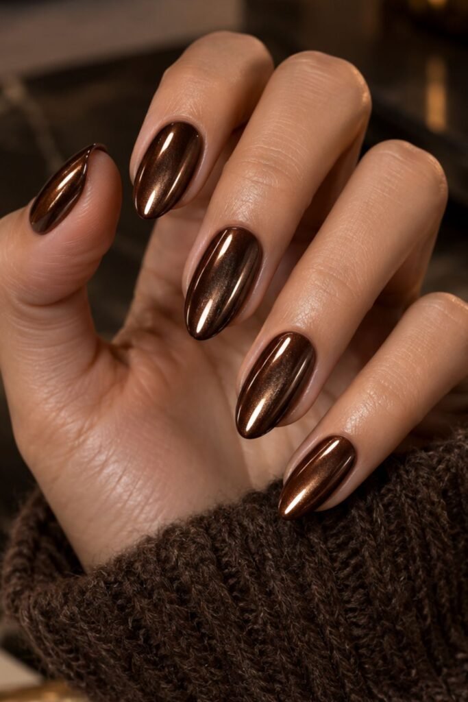 Chocolate brown chrome nails with a metallic sheen