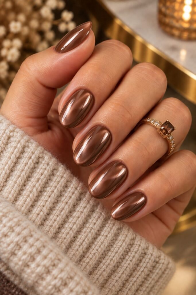 Chocolate brown glazed nails with a pearly finish