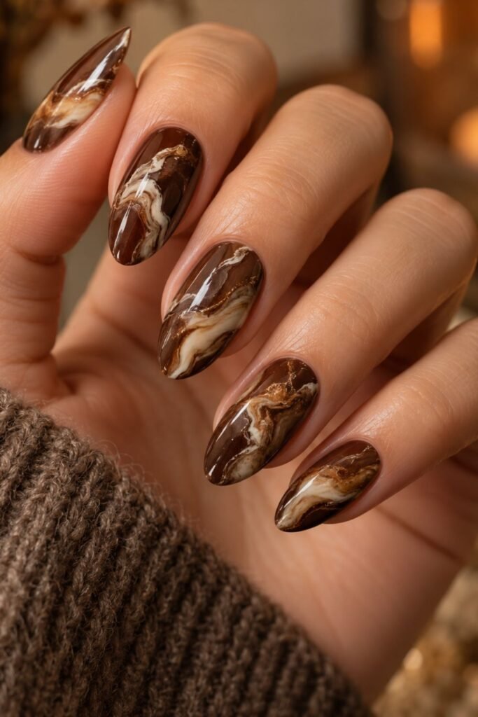 Chocolate brown marble nails with cream veining