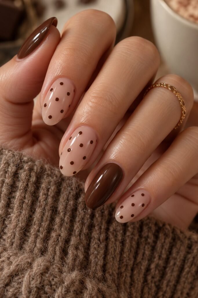 Sheer nude nails with chocolate brown polka dots