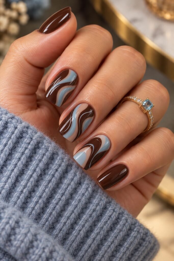Chocolate brown and powder blue swirl nails