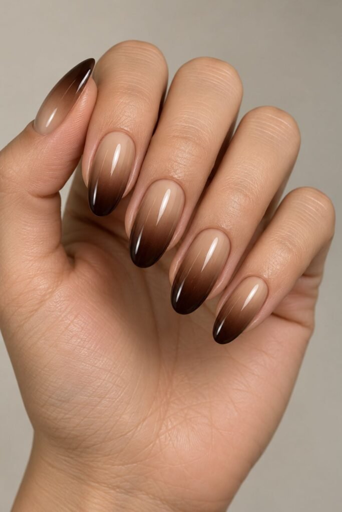 Glossy latte to espresso ombre nails