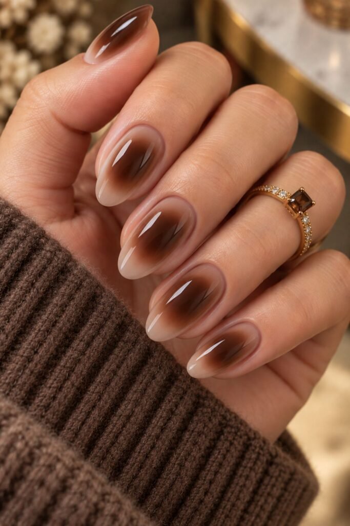Cocoa brown aura nails with a blurred center