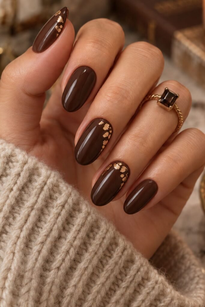 Cocoa brown nails with fine gold foil accents