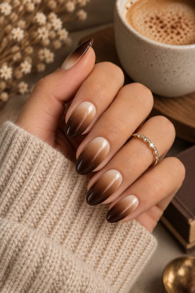 Cream, mocha and espresso tri-tone ombre nails