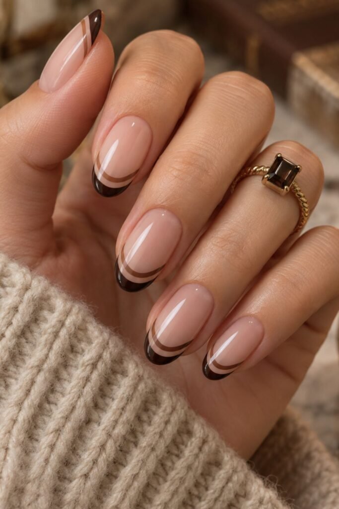 Double French nails with two chocolate brown lines