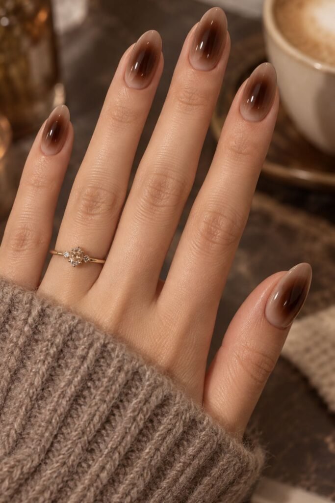 Espresso aura nails with a dark brown center