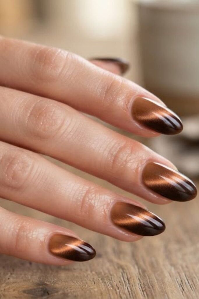 Espresso cat-eye ombre nails with a bronze shimmer