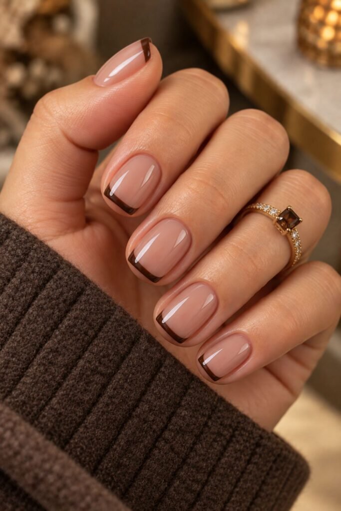 Sheer nude nails with espresso brown micro French tips