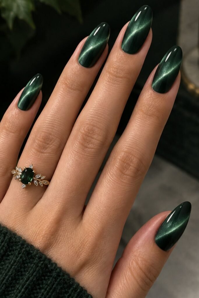 Forest green cat-eye magnetic nails with a velvet shimmer