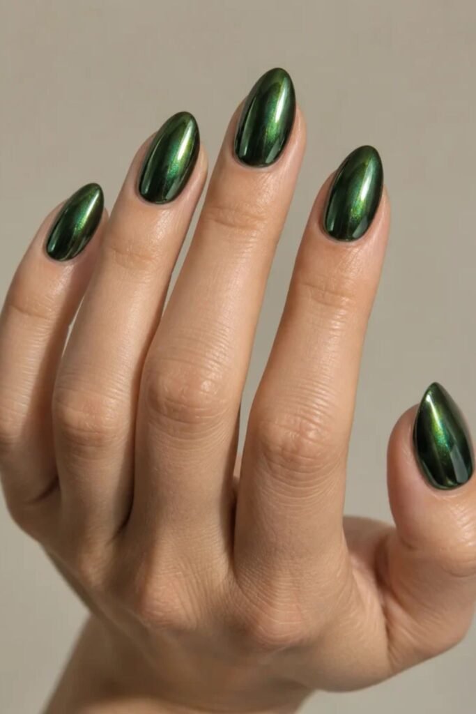 Forest green chrome nails with a metallic finish