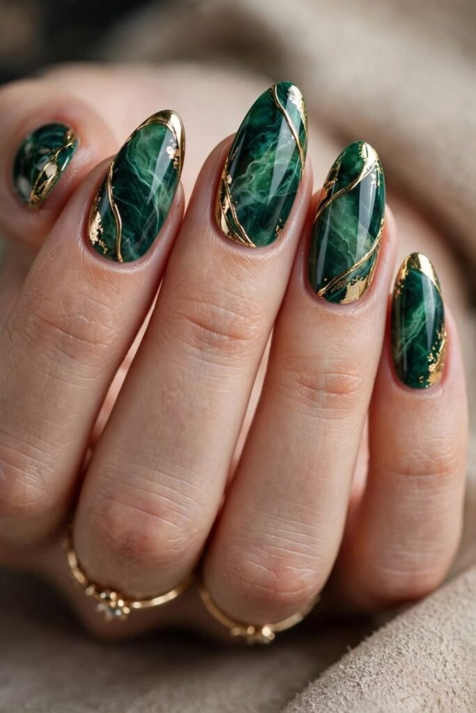 Forest green marble nails with gold veining