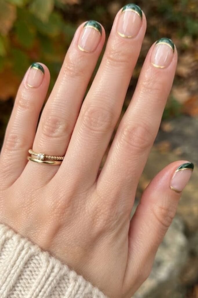 Forest green micro French tips with a thin gold edge