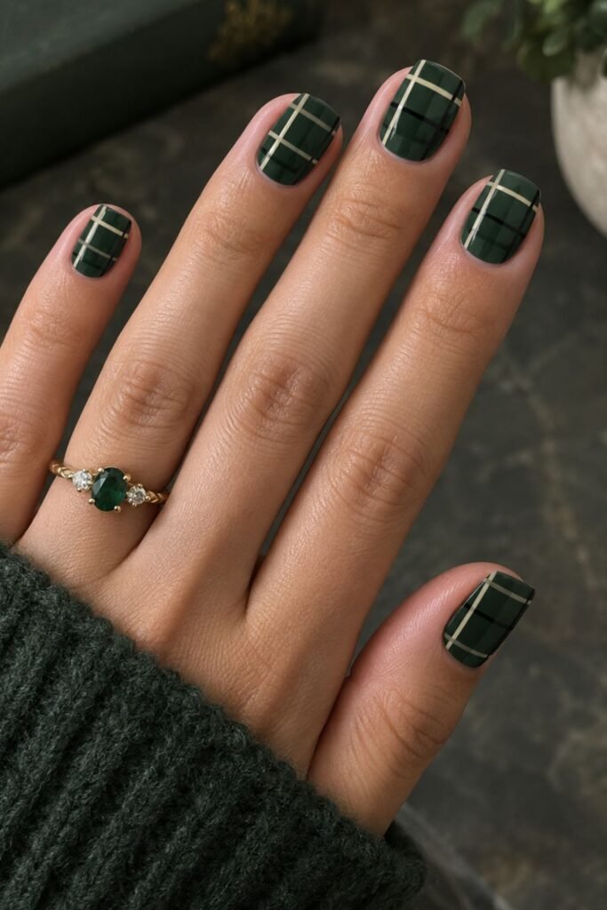 Forest green plaid nail art with cream and black lines