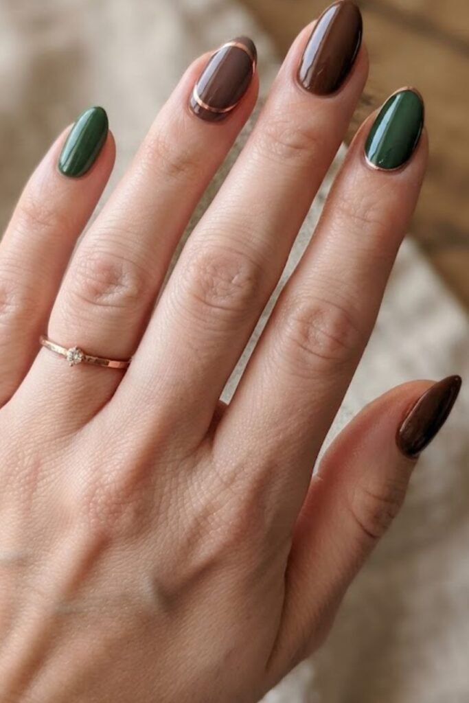 Forest green nails with copper and brown accents