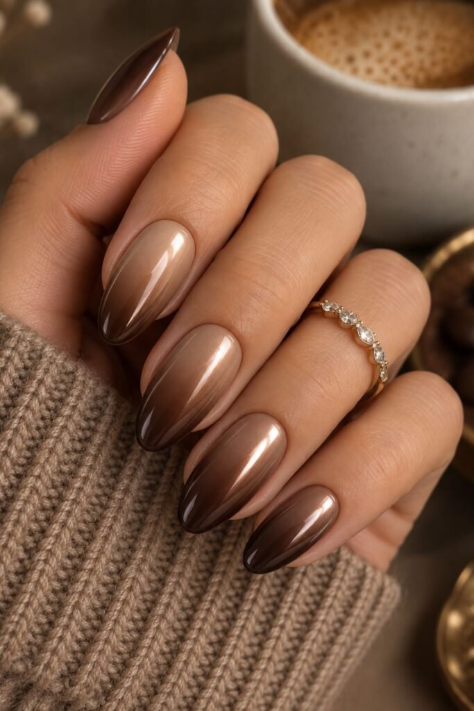 Glazed espresso chrome ombre nails