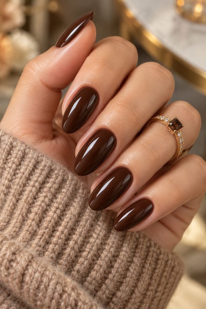 Glossy dark chocolate brown nails