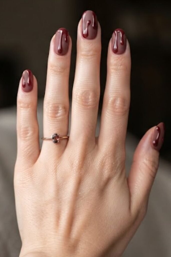 Matte cherry mocha nails with glossy drips