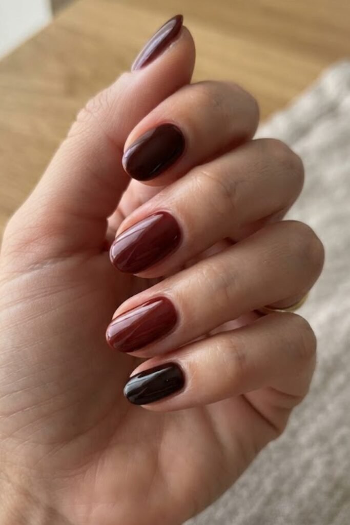 Glossy classic cherry mocha nails