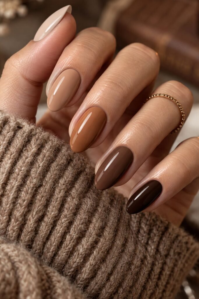 Latte to chocolate brown gradient nails across the hand