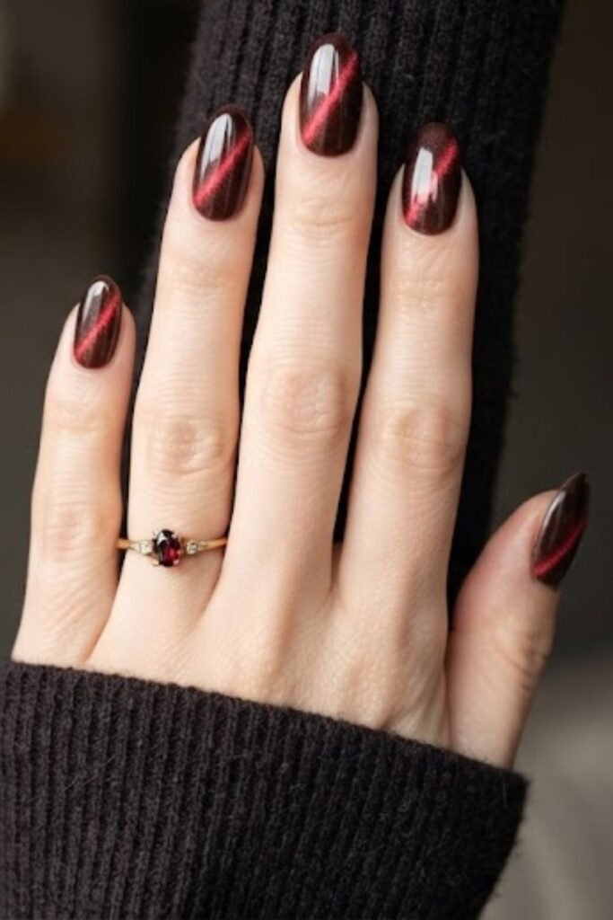 Cherry mocha cat-eye magnetic nails