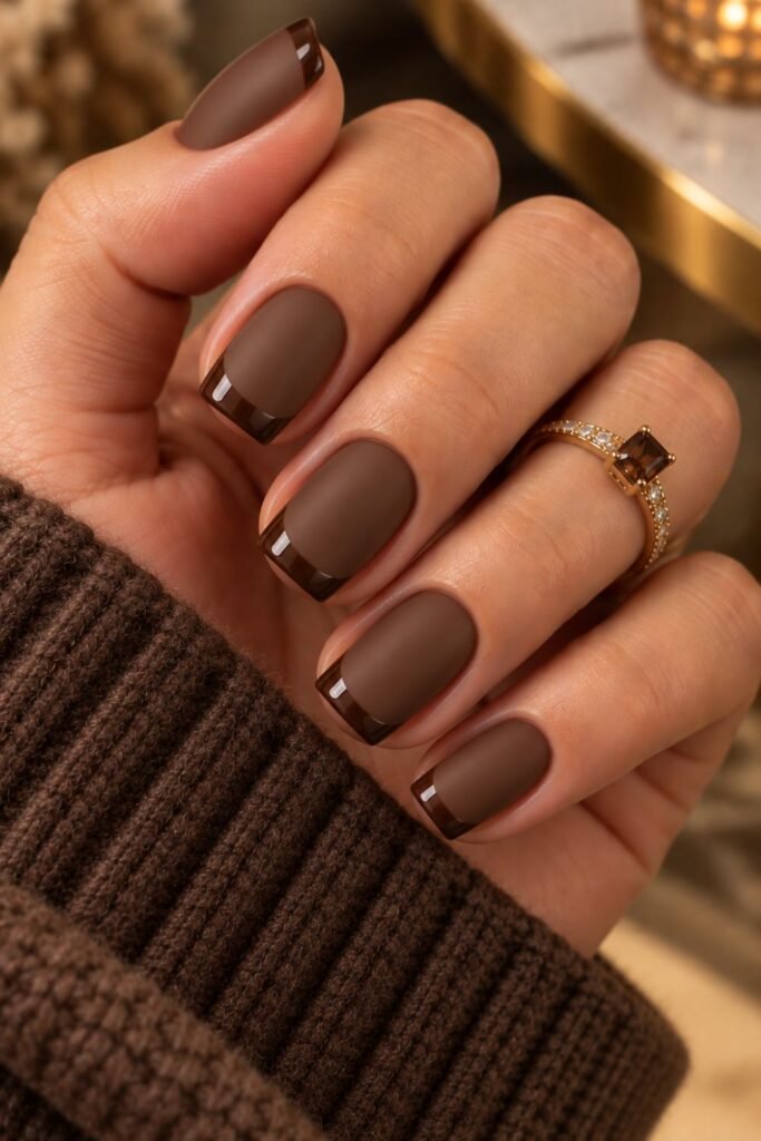 Matte chocolate brown nails with glossy French tips