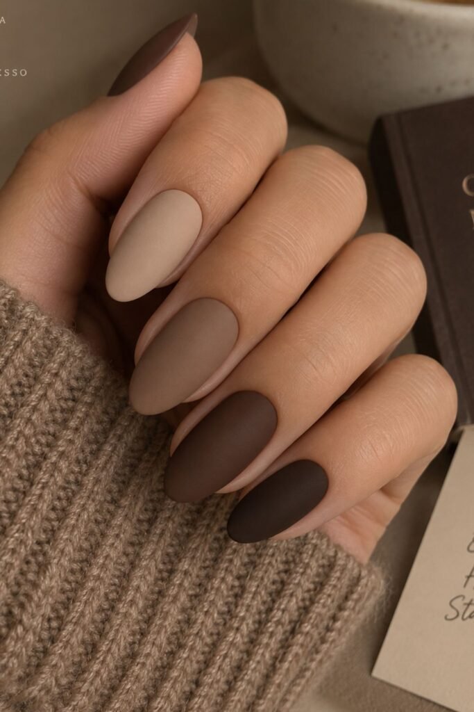 Matte coffee brown ombre nails