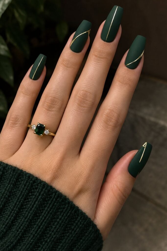 Matte forest green nails with fine gold lines