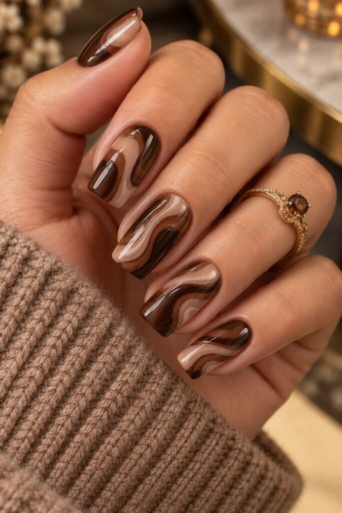 Nails with melted chocolate brown swirl art