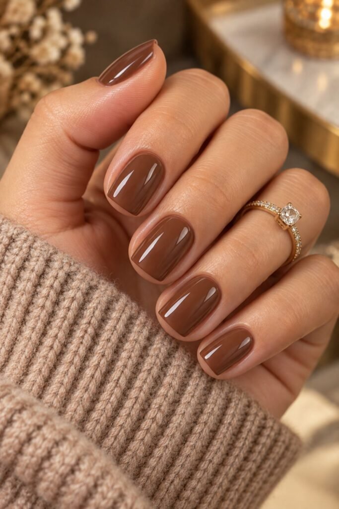 Short square milk chocolate brown nails