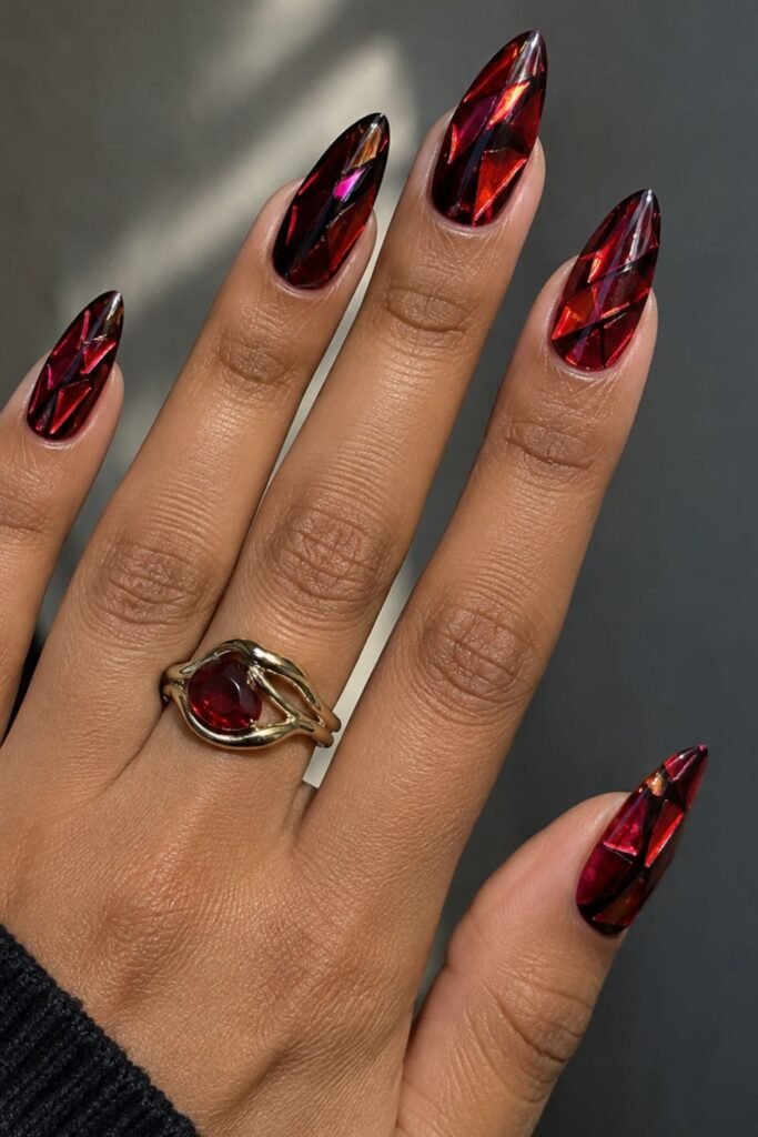 Red Iridescent Glass on Black Base
