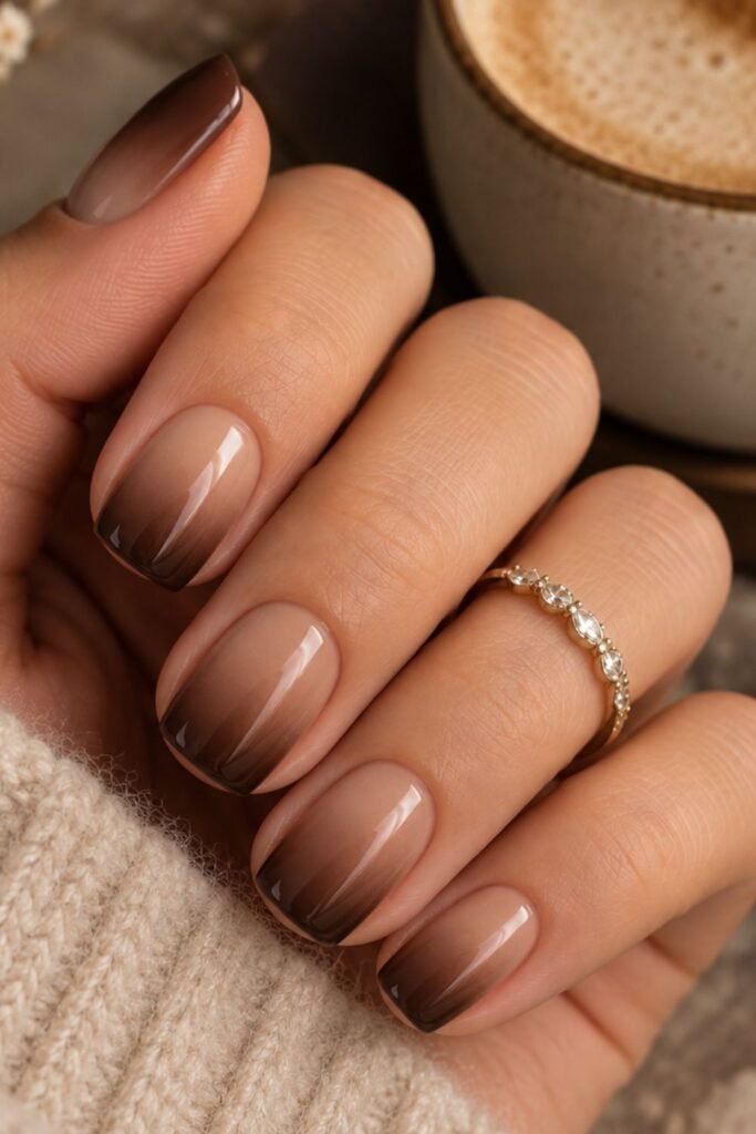 Sheer espresso brown veil nails