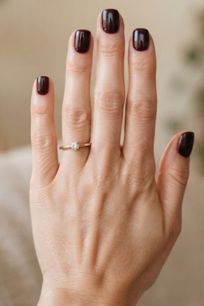 Short square black cherry mocha nails