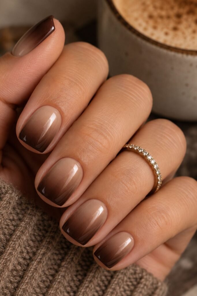 Short square nails with a soft espresso ombre