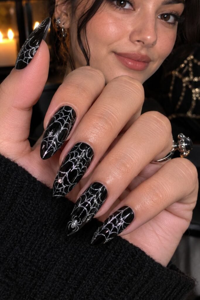 Silver Glitter Web on Black Base