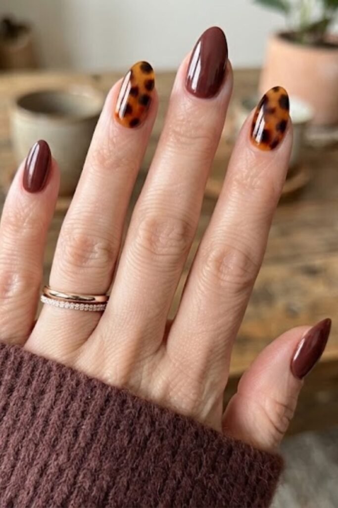 Tortoiseshell accent nails with cherry mocha