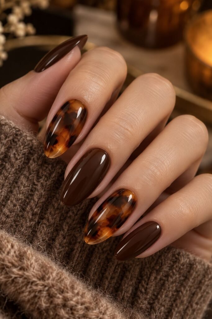 Tortoiseshell accent nails mixed with solid cocoa nails