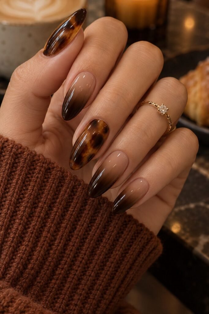 Tortoiseshell accent nails with espresso ombre