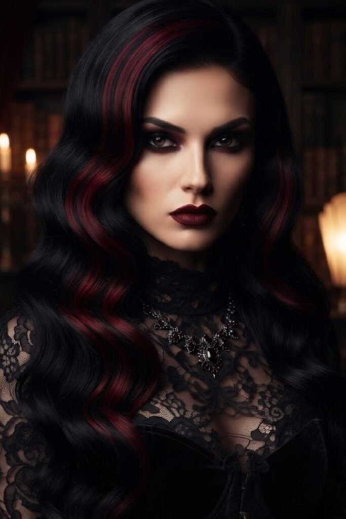Vampy Waves on Black Hair with Red Streaks