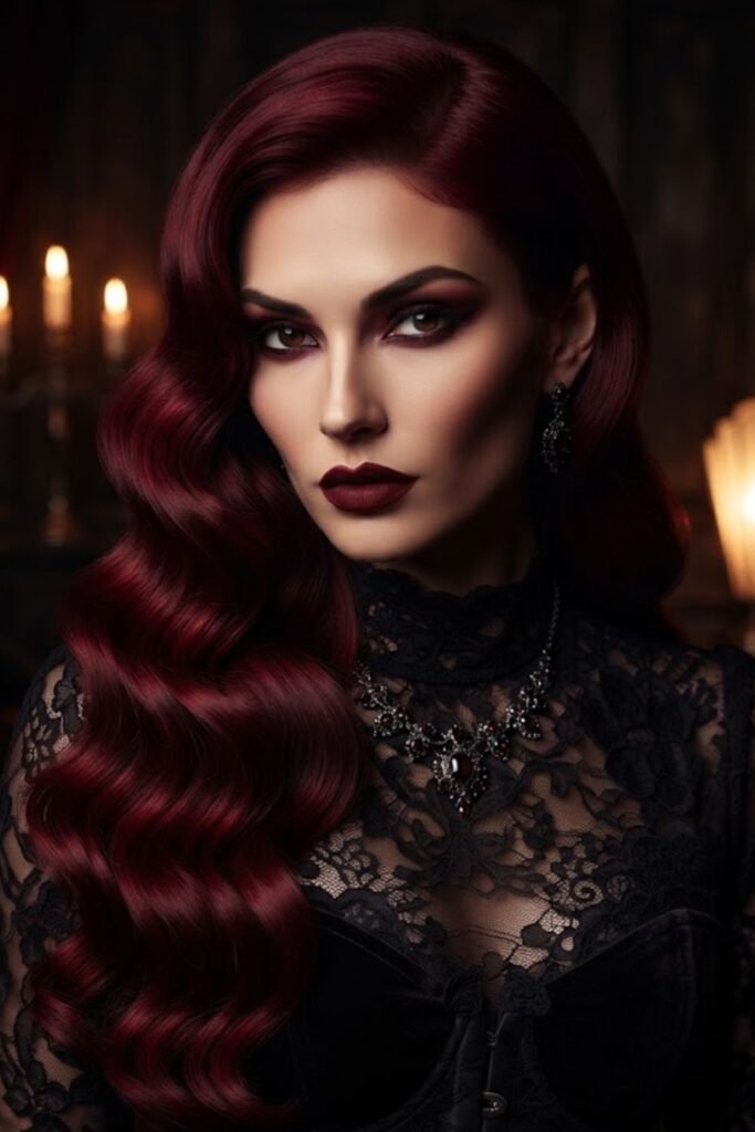 Vampy Waves on Dark Cherry Red Hair
