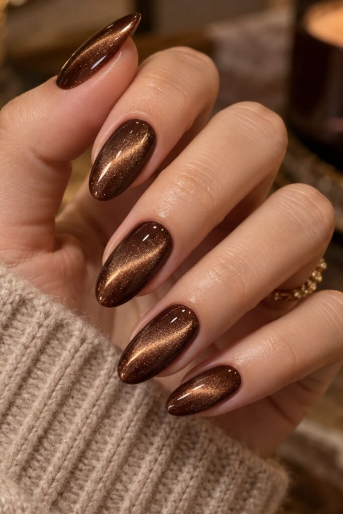 Velvet chocolate brown cat-eye magnetic nails