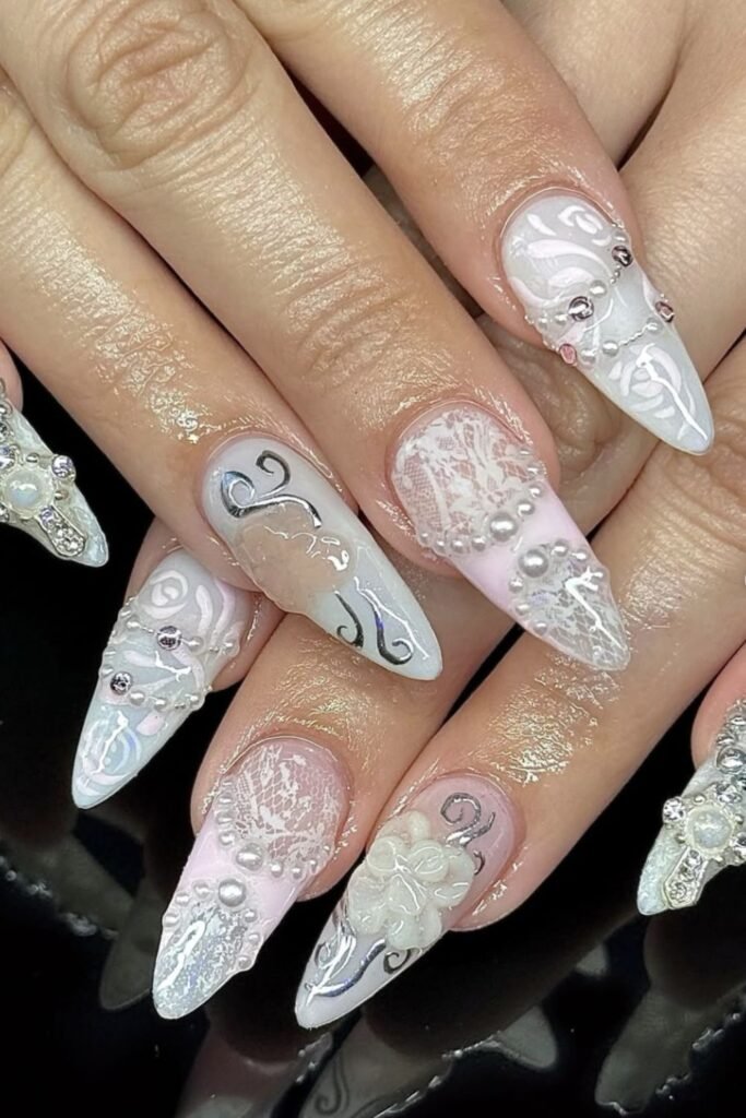 Vintage Ivory Lace Almond Nails