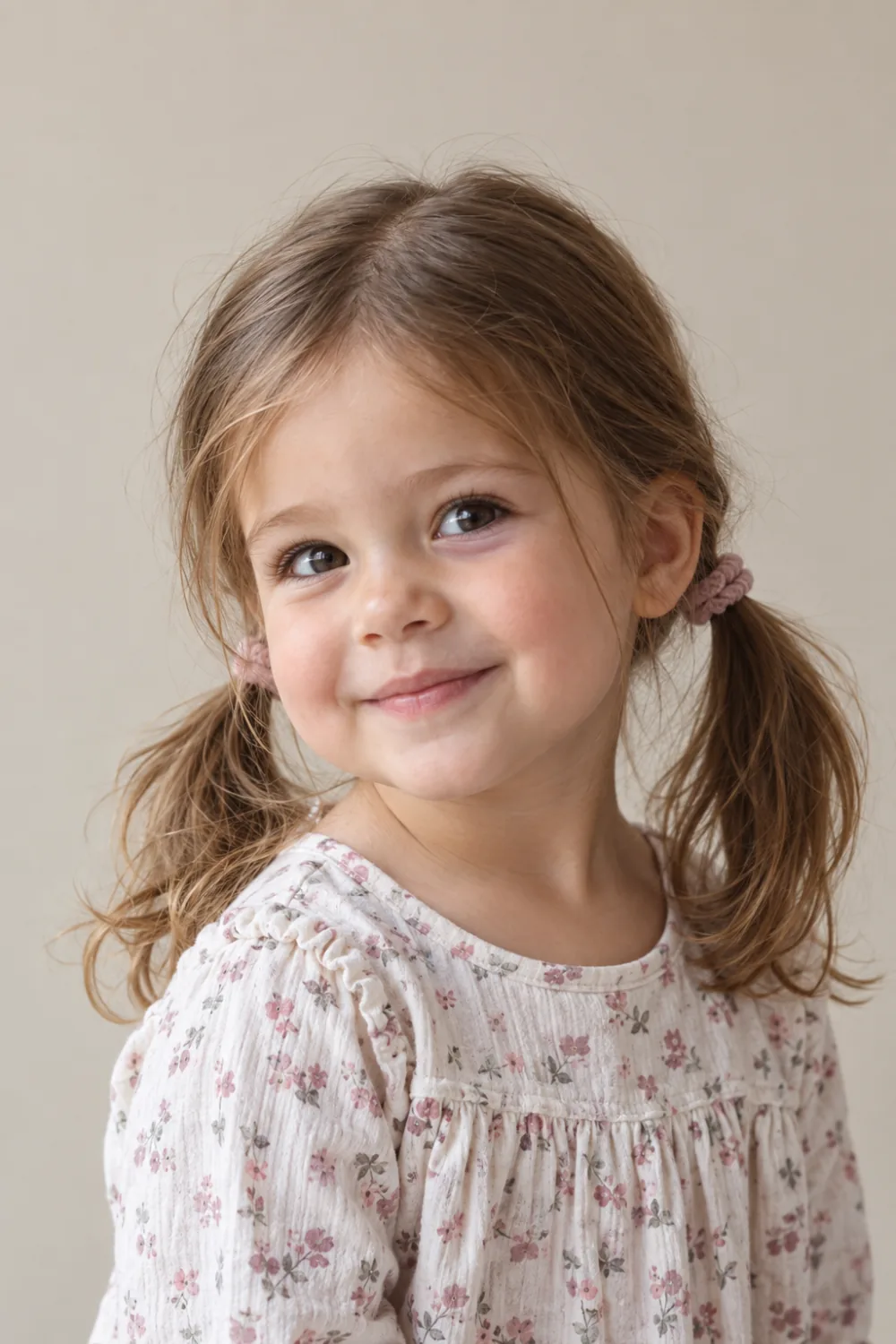 Toddler girl with two loose low pigtails secured with soft fabric elastics