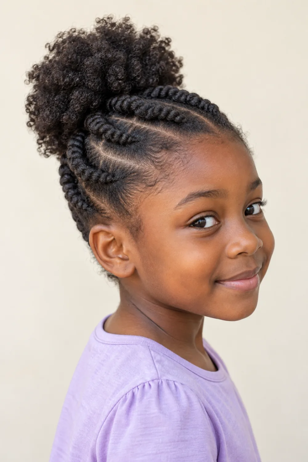 Flat twists gathered into a soft natural puff