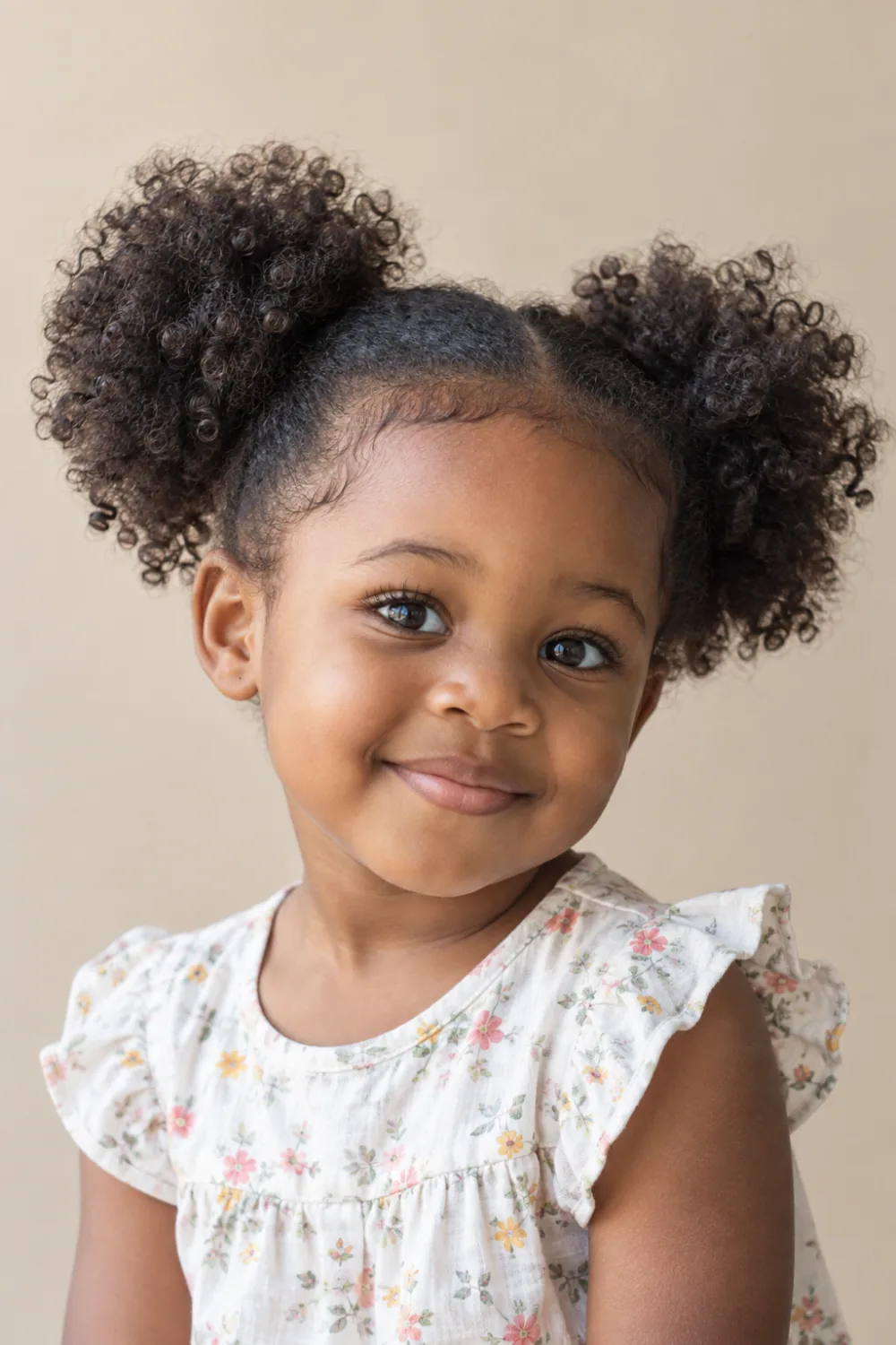 Toddler girl with two soft natural curly puffs